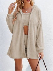 Cozy Lounge Set Long Sleeve Hooded Robe & Tank Top & Shorts