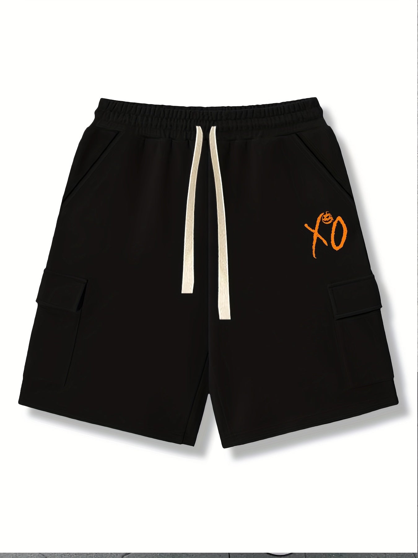 XO Pattern Comfy Shorts Men's Solid Knee Elastic Waist Drawstring Shorts