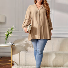 Casual Blouse Women's Plus Solid Lantern Sleeve V Neck Top