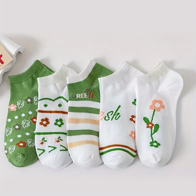 5 Pairs Women's Floral Print Low Cut Ankle Socks Stockings Lightweight Hosiery