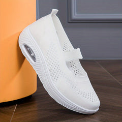 Solid Knit Walking Shoes Ankle Strap Slip On Air Cushion Casual Sneakers