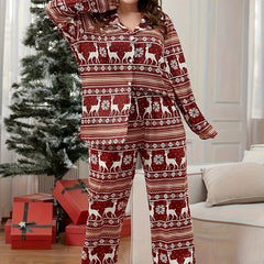 Christmas Lounge Set: Elk & Snowflake Striped Print Blouse & Pants Paj