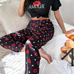 Lips Print Pajama Set Short Sleeve Top & Pants Women's Sleepwear