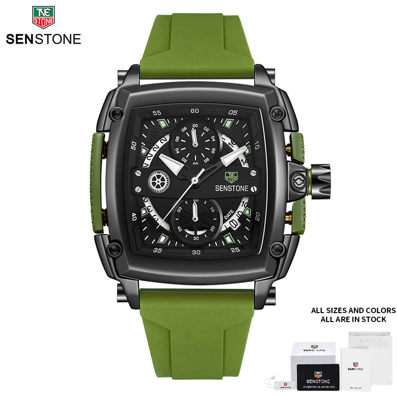 SENSTONE Square Sports Watch Stainless Steel Multifunction Chronograph