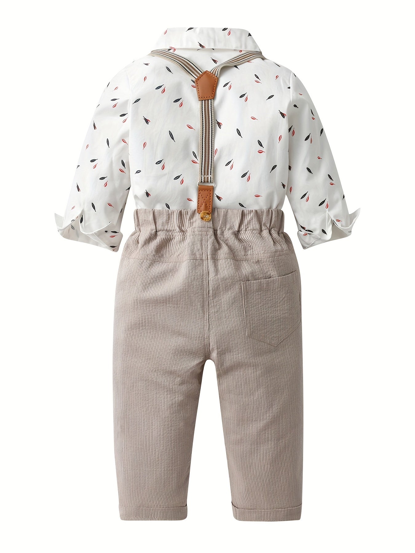 Baby Boys 2pcs Leaf Print Dress Shirt Romper & Striped Bib Pants Set