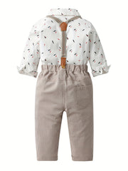 Baby Boys 2pcs Leaf Print Dress Shirt Romper & Striped Bib Pants Set