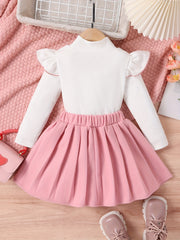 Girl's Bowknot Decor Outfit Ribbed Top & Pleated Skirt Set