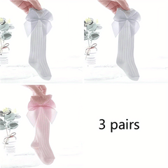 3 Pairs Baby Girls Knee High Socks Bow Cable Knit Over Calf Long Socks
