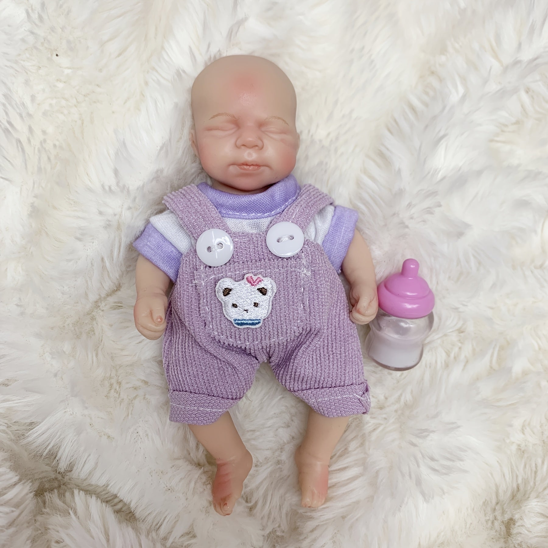 6 Inch Silicone Girl Doll in Purple Overalls with Unicorn Patch