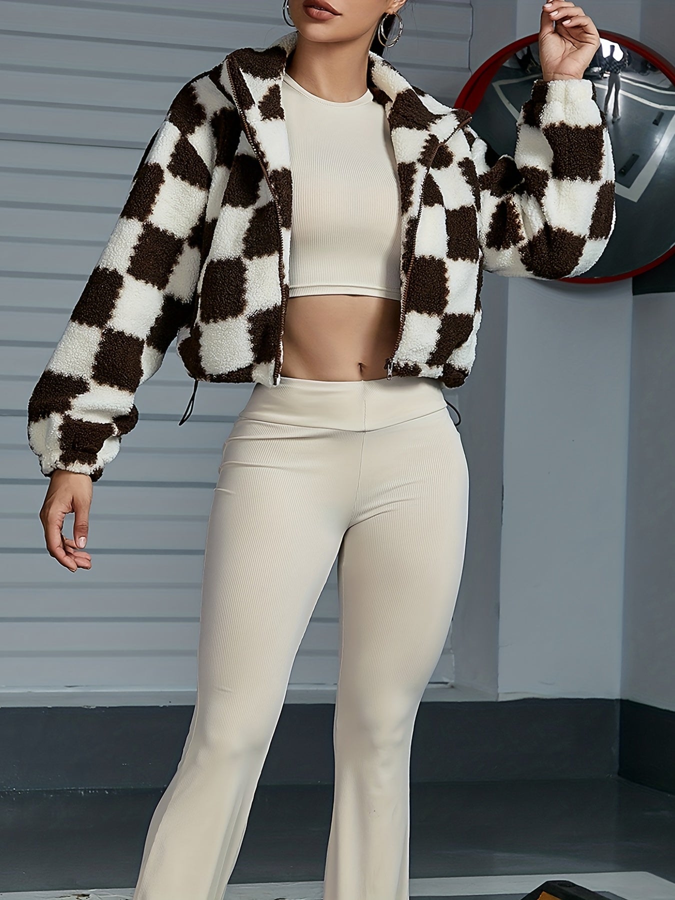 Checkerboard Print Teddy Jacket Zip Up High Neck Warm Outerwear