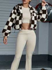 Checkerboard Print Teddy Jacket Zip Up High Neck Warm Outerwear