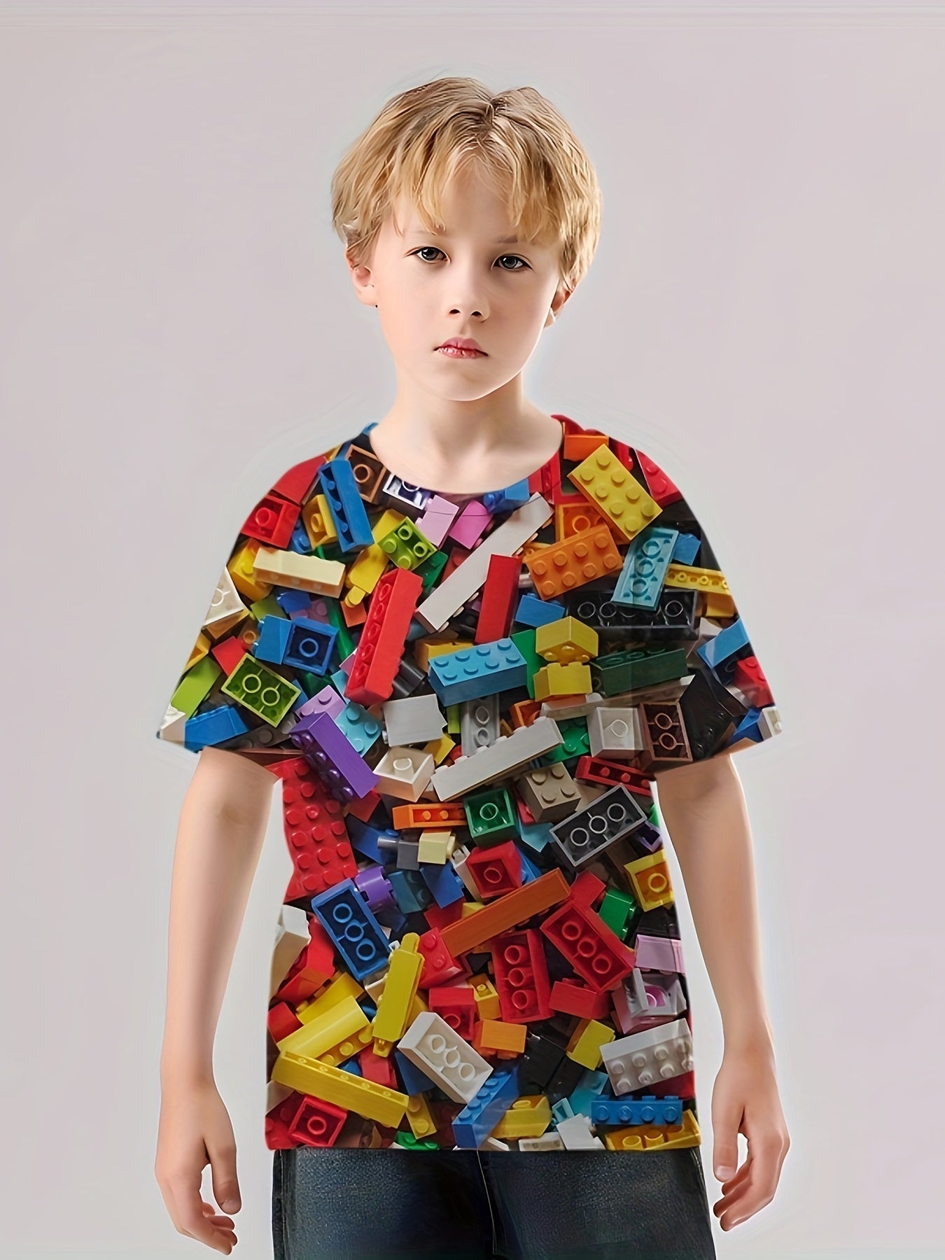 Boys' 3D Building Blocks Graphic T Shirt Active Stretchy Tee