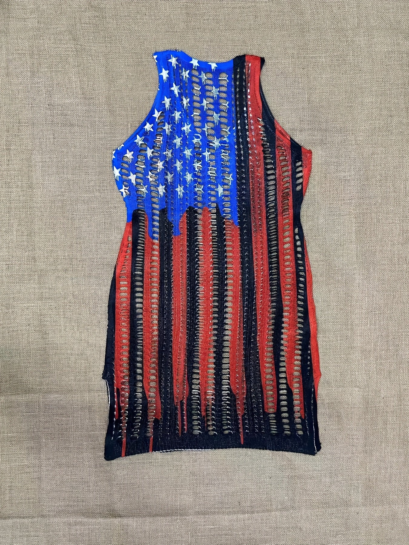 Star Flag Print Hollow Out Dress V Neck See Through Crochet Cover Up Dress