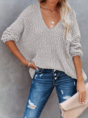 Solid V Neck Knitted Pullover Top Casual Long Sleeve Sweater