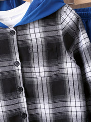 Boy's Plaid Hooded Shirt & Sweatpants Set for Spring Fall