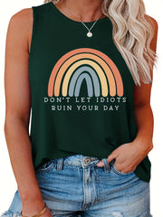Casual Tank Top Women's Plus Letter & Rainbow Print