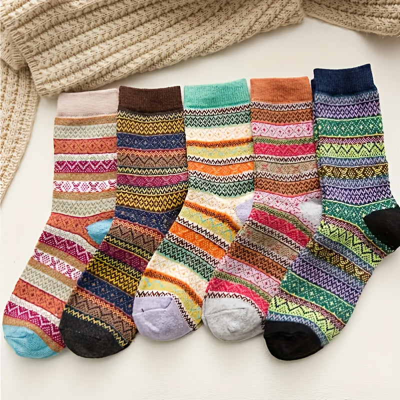 5 Pairs Geometric Pattern Colorblock Crew Socks Women's Stockings