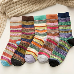 5 Pairs Geometric Pattern Colorblock Crew Socks Women's Stockings