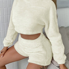 Cozy Fuzzy Pajama Set Crew Neck Top & Shorts