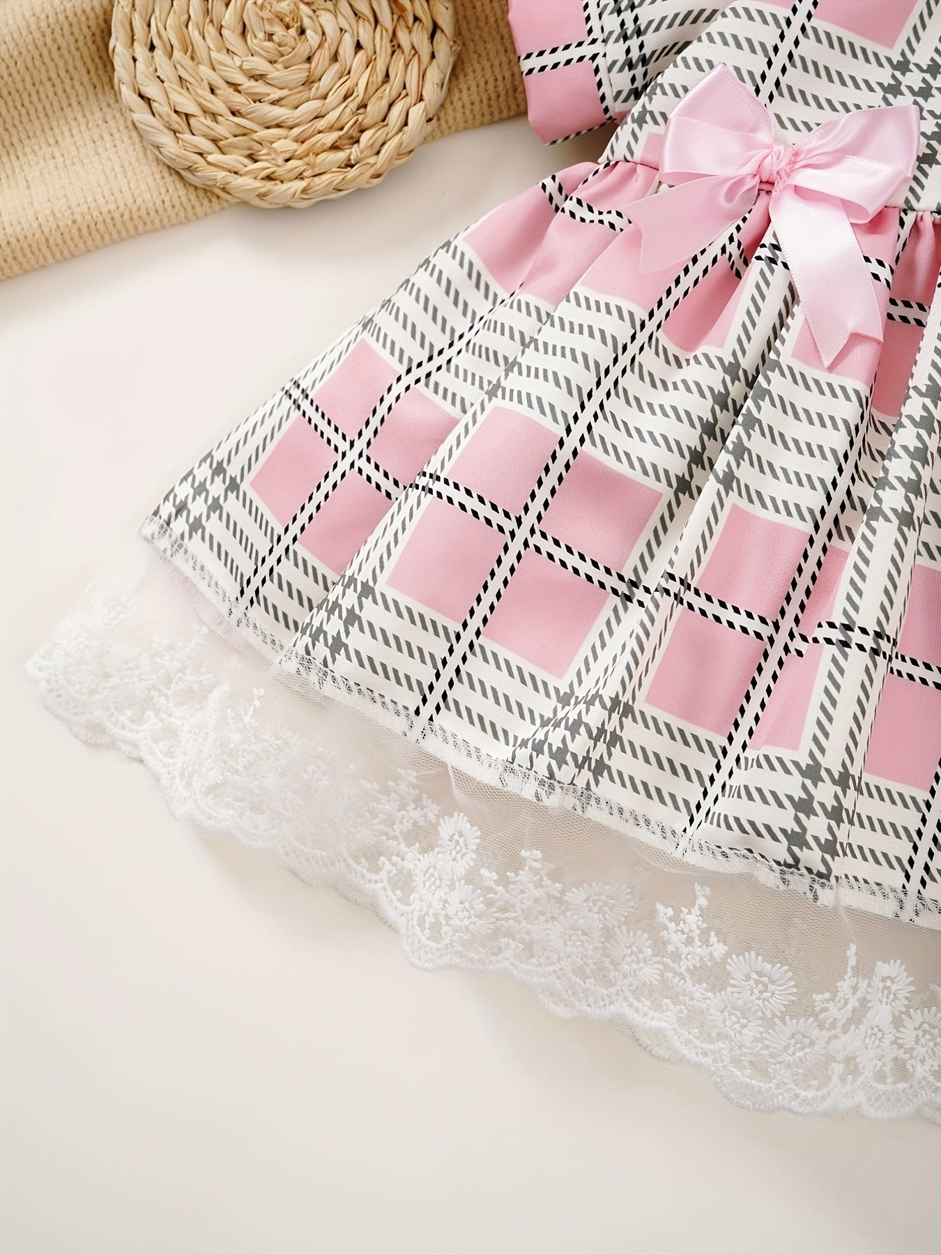 Baby Girls Plaid Dress with Puffy Sleeves and Bow