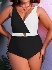 Colorblock V Neck One Piece Swimsuit Plus Size