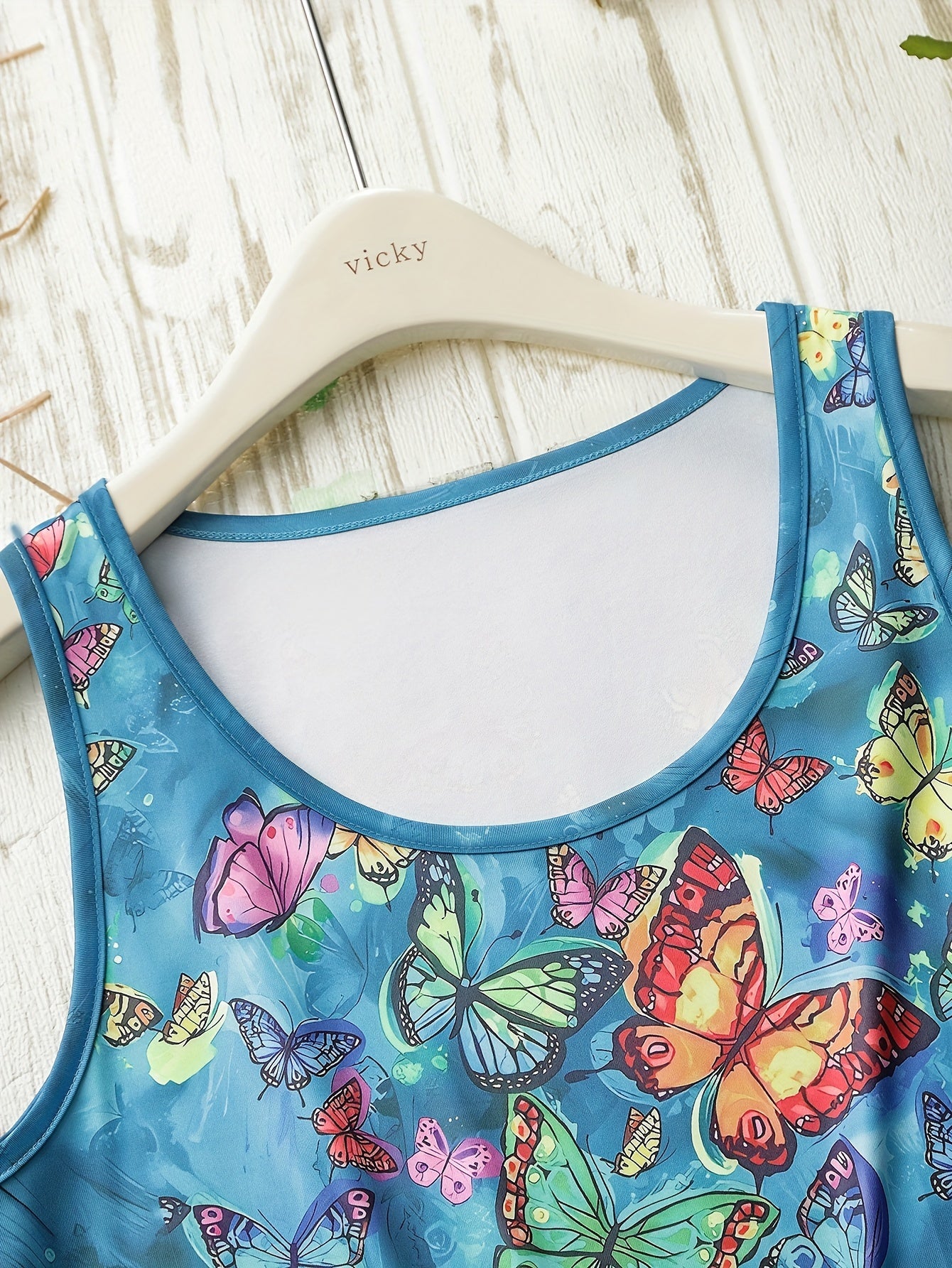 Butterfly Print Tank Top Round Neck Medium Stretch