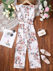 Girls Flutter Sleeve Button Jumpsuits Kids Summer Clothes