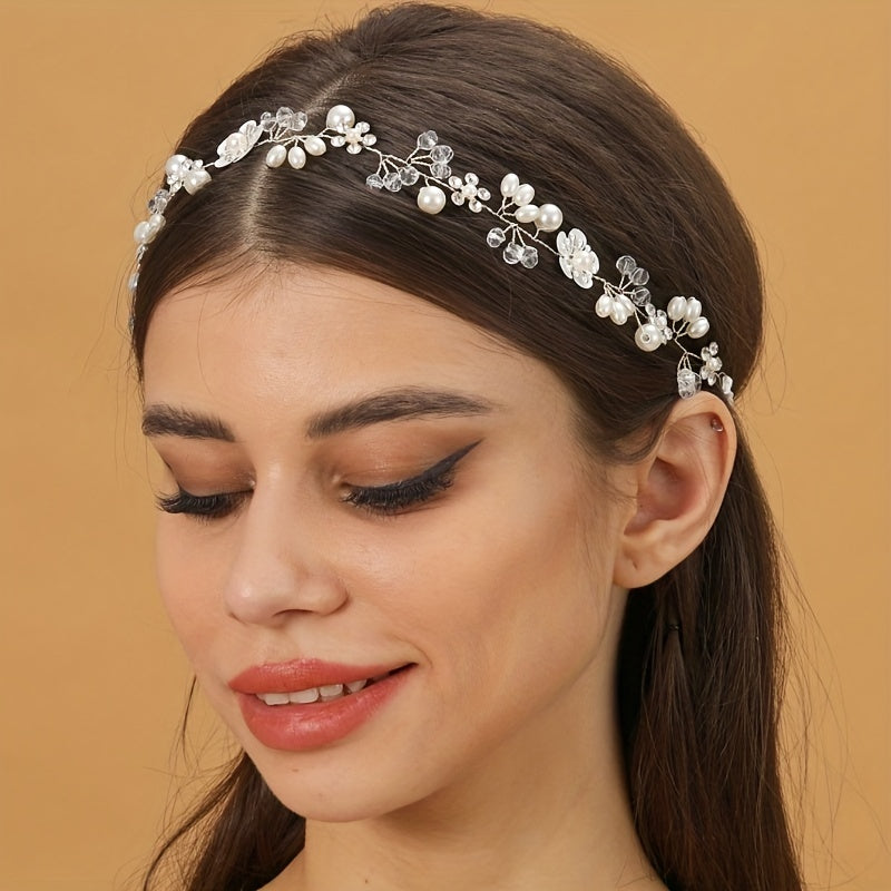 Faux Pearl Flower Headband Tiara For Women Bride Party Wedding