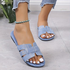 Women's Denim Slide Sandals Stylish Open Toe Slip On Flat Slide Shoes