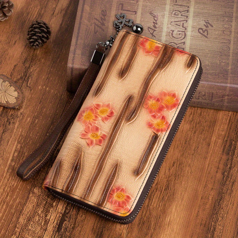 Vintage Embossed Leather Women's Wallet Zipper Closure Floral Tassel Charm