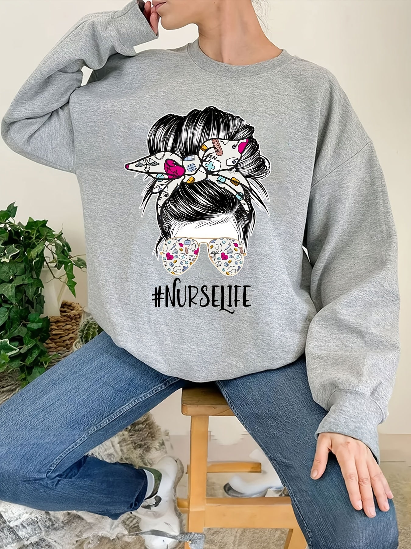 Nurse Life Print Loose Sweatshirt Casual Long Sleeve Crew Neck