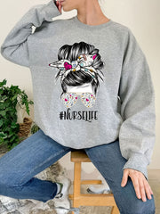 Nurse Life Print Loose Sweatshirt Casual Long Sleeve Crew Neck
