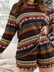 Christmas Lounge Set Elk & Stripe Print Tee & Shorts Pajamas