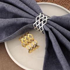 Set of 12 Golden Rhombus Napkin Rings, Polished Metal Hollow Buckle