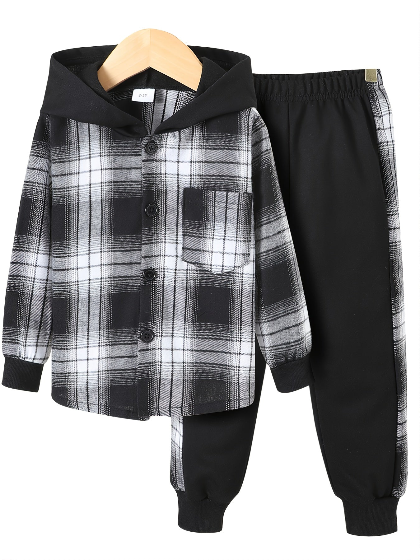 Toddler Boys Plaid Button Hoodie & Sweatpants Set