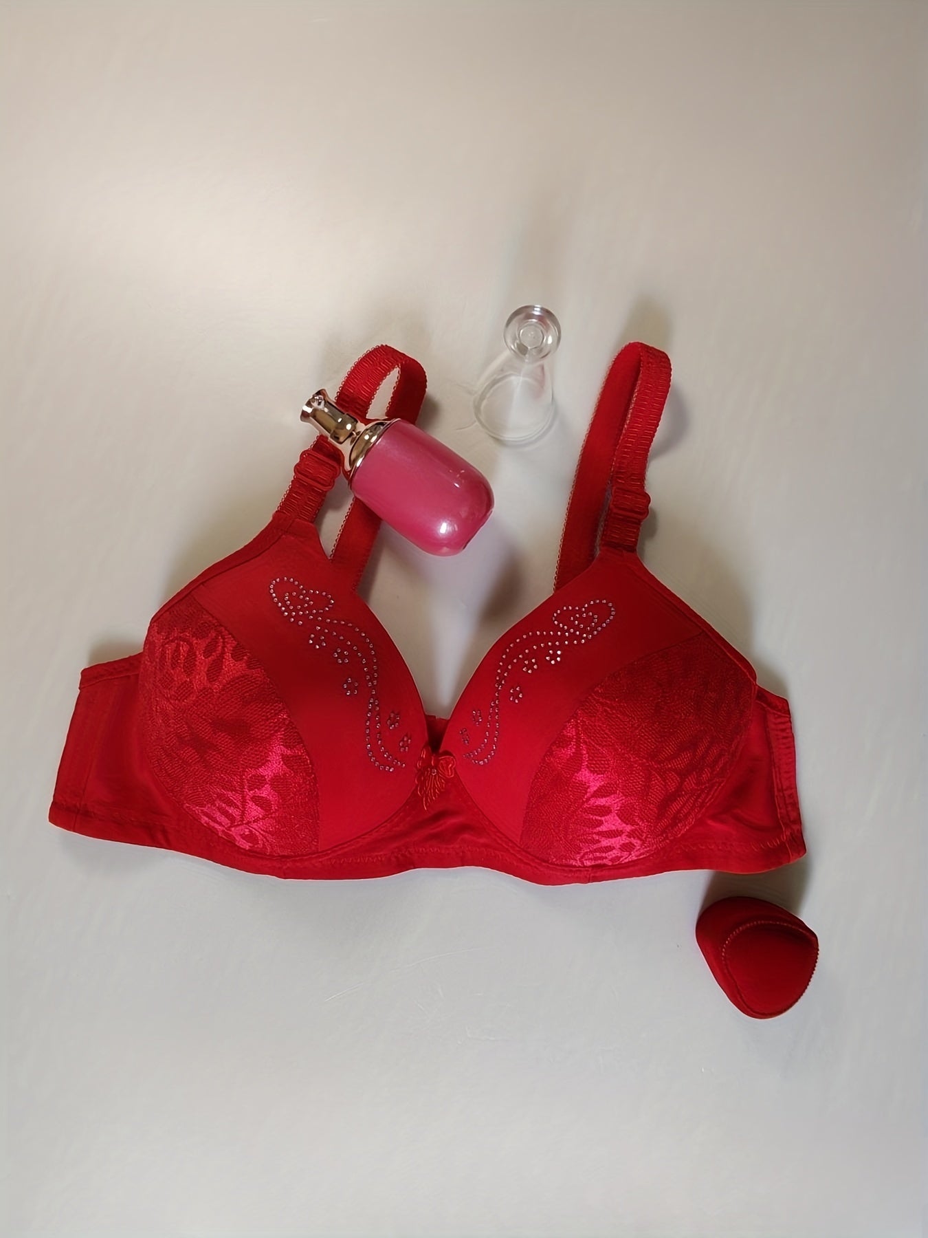 Contrast Lace Push Up Bra with Rhinestone Decor