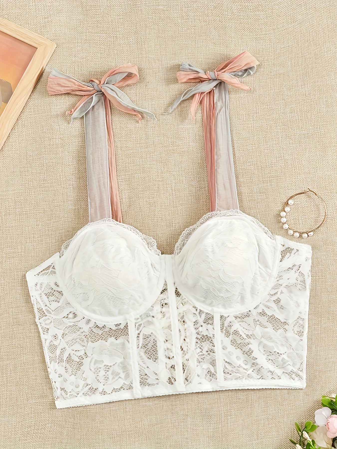 Floral Lace Tie Shoulder Lace Up Back Cami Top