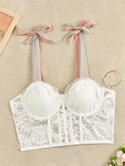 Floral Lace Tie Shoulder Lace Up Back Cami Top