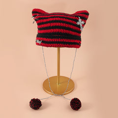 Y2K Cat Beanies Vintage Pom Pom Chain Crochet Hats