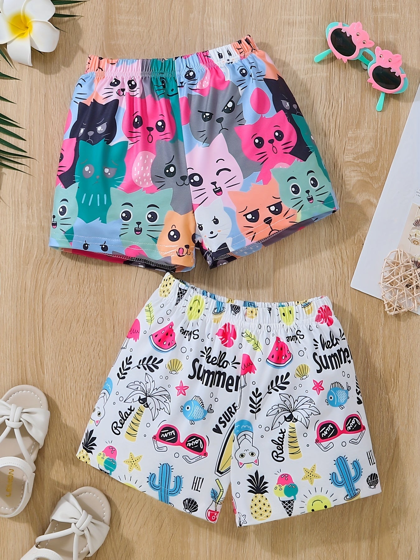 2pcs Toddler Girls Cartoon Cat Elastic Waist Shorts