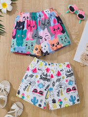 2pcs Toddler Girls Cartoon Cat Elastic Waist Shorts