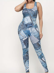 Plus Denim Print Scoop Neck High Stretch Jumpsuit