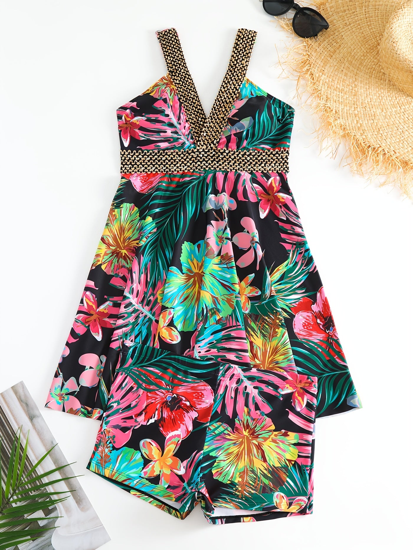 Tropical Floral Print V Neck Two Piece Set Tankini Swimsuit