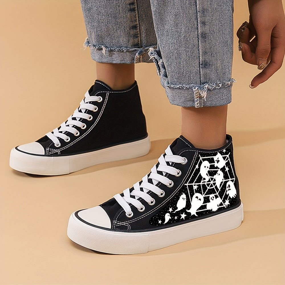 Halloween Ghost Spider Net Print Lightweight High Top Breathable Canvas Sneakers