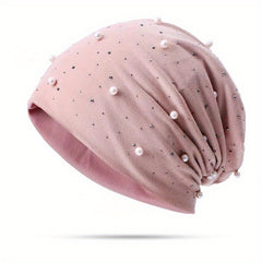 Faux Pearl Decor Beanie Solid Elastic Skull Cap Women Slouchy Baggy Hats
