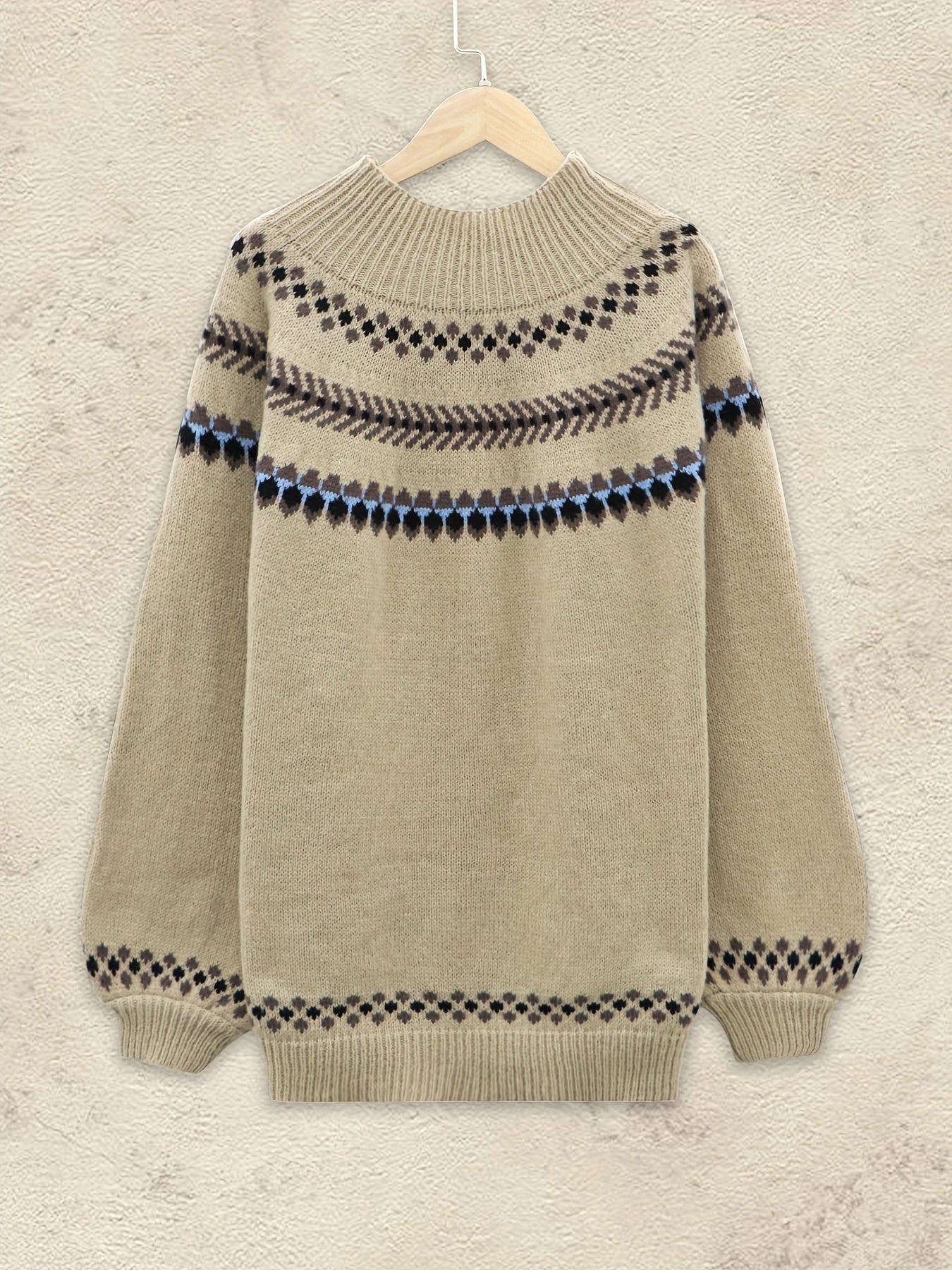 Casual Sweater Women's Plus Geo Print Lantern Sleeve High Neck Jumper