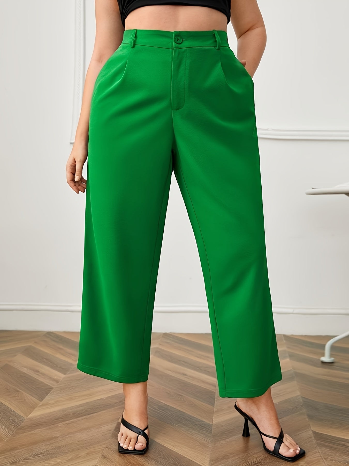 Plus Size Button Front Straight Leg Trousers
