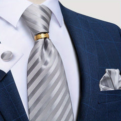 Men's Striped Silk Tie Set with Boutonniere Ring, Tie, Hanky, Cufflink