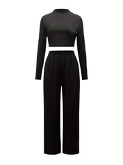 Casual Two-piece Set Long Sleeve Slim Crop Top & Pants