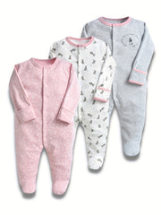 3pcs Baby Girl's Cotton Footed Rompers Pajamas Set With Dinosaur Print